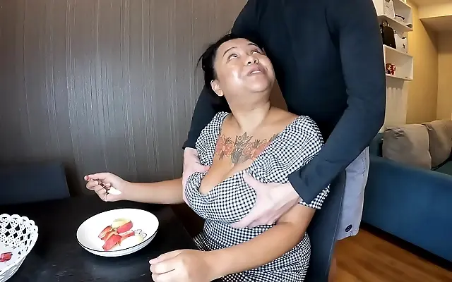 Exploring Busty Asian Lactation with Explosive Handjob and Interracial Desire