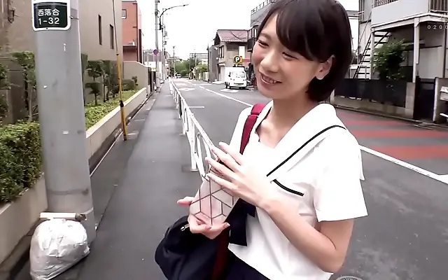 Frenzied young Japanese cutie gives a teasing blowjob then takes a creampie