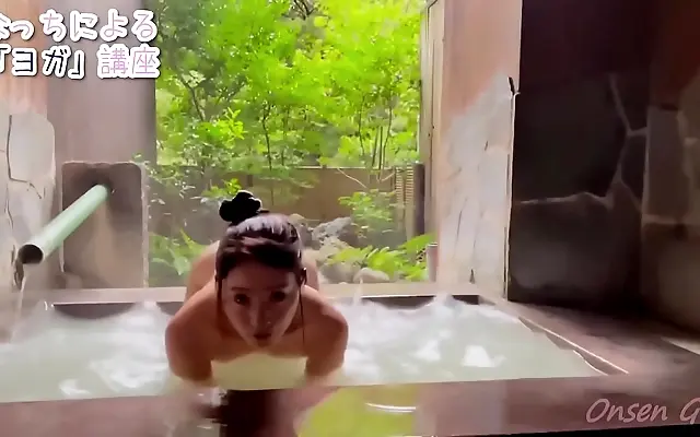 Acrobatic fun in a steaming onsen with hot Asian babe