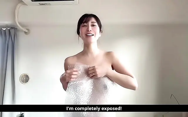Intense solo session with Minami Sally in bubble wrap tease