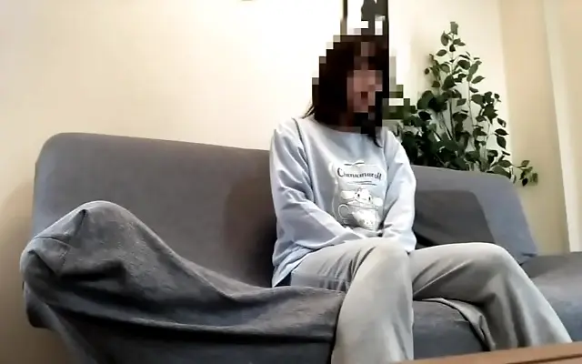 Living room amateur babe in cute loungewear explores new toy play